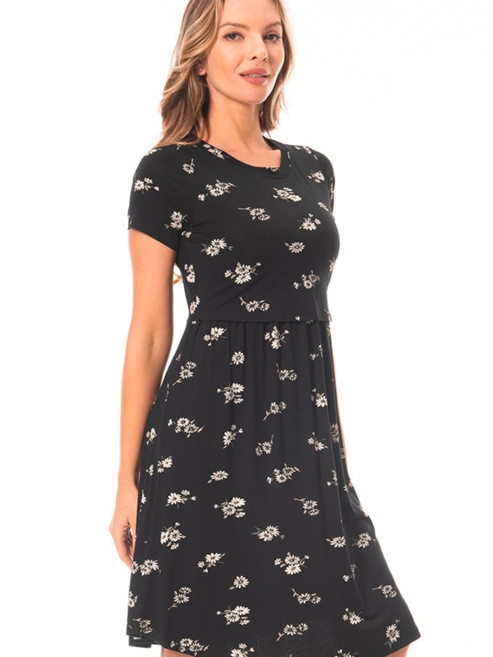 Nursing and Maternity Dress - Black Floral Short Sleeve